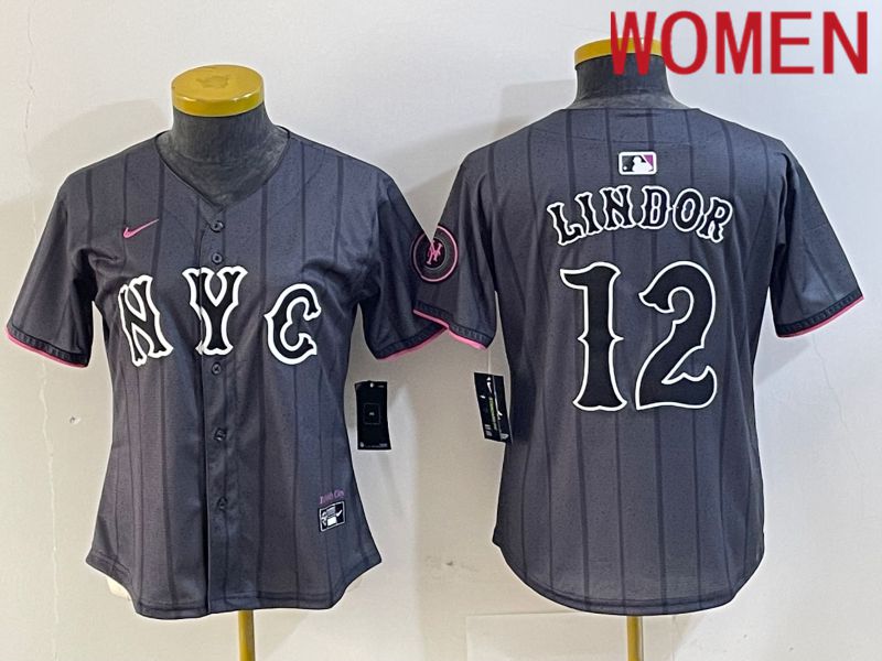 Women New York Mets 12 Lindor Black City Edition 2024 Nike MLB Jersey style 1